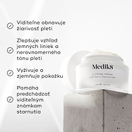 Kelímok krému Medik8 C-Tetra na sivom kamennom bloku na bielom pozadí s jemnými lúčmi svetla. Obrázok obsahuje štyri zaškrtnuté tvrdenia: viditeľne obnovuje rozjasnenie pleti, zlepšuje vzhľad jemných línií a nejednotného tónu pleti, vyživuje a zjemňuje pokožku a pomáha predchádzať viditeľným známkam starnutia.