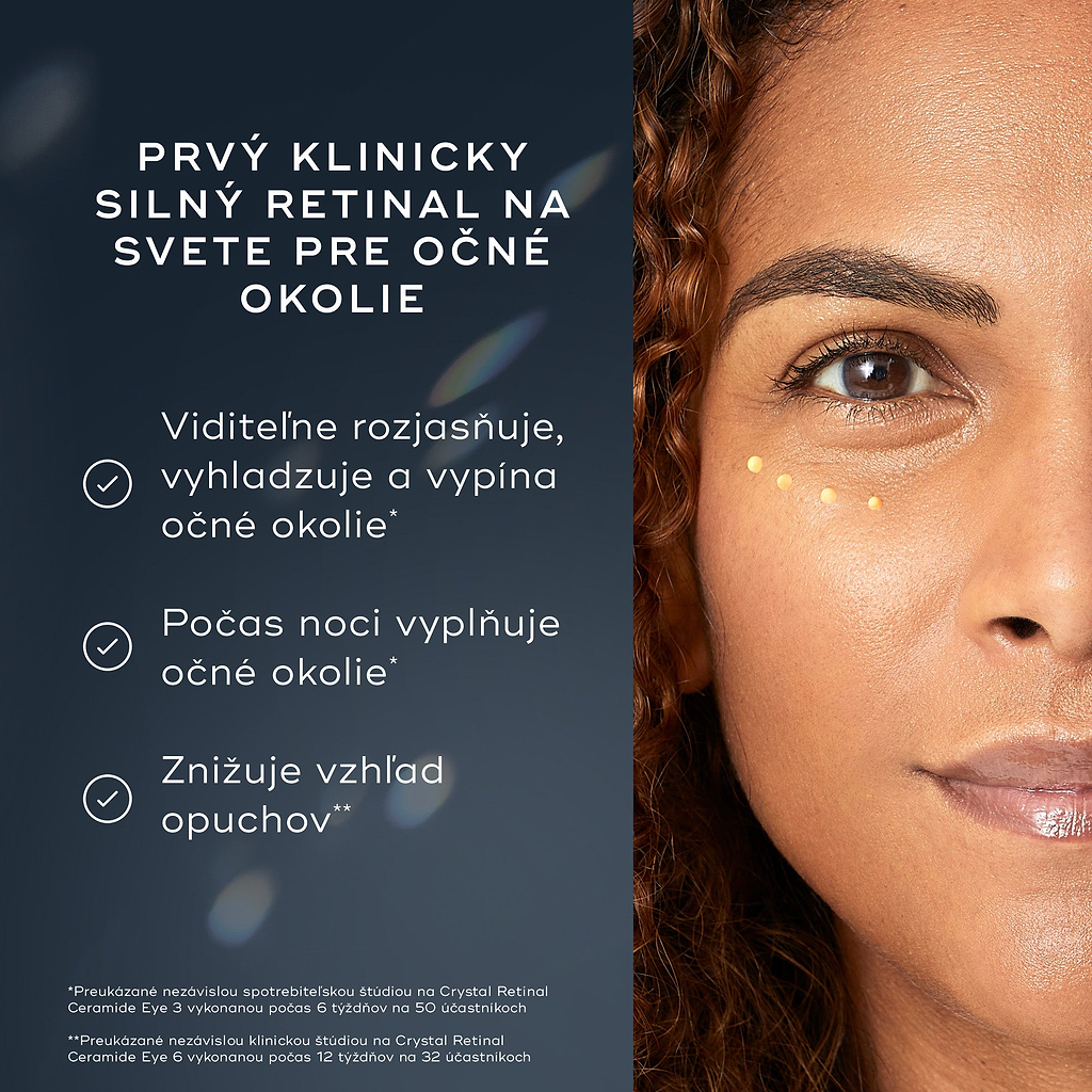 Na obrázku je tvár ženy s malými bodkami prípravku Crystal Retinal Ceramide Eye naneseného pod jedným okom. Text zdôrazňuje: „PRVÝ PRÍPRAVOK NA SVETE S KLINICKOU ÚČINNOSŤOU PRE OBLASŤ POD OČAMI“. Tri body so začiarknutím uvádzajú výhody: viditeľne rozjasňuje, vyhladzuje a napína oblasť okolo očí, cez noc vypĺňa oblasť okolo očí a zmierňuje opuchy.