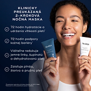 Žena s úsmevom drží v rukách dve tuby masky Medik8 H.E.O. (modrú – 1. krok a bielu – 2. krok). Text vyzdvihuje produkt ako KLINICKY OVERENÚ 2-KROKOVÚ NOČNÚ MASKU s nasledujúcimi výhodami: 72-hodinová hydratácia a udržanie vlhkosti pokožky, 72-hodinová podpora kožnej bariéry, viditeľné zníženie jemných vrások, šupinatosti a vráskavosti a výsledkom je plná, žiarivá a pružná pokožka.