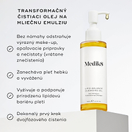 Fľaštička Lipid-Balance Cleansing Oil stojí na bielom bloku. Text uvádza benefity vrátane odstránenia ťažkého make-upu, podpory lipidovej bariéry a premeny na čistiace mlieko pri kontakte s vodou.
