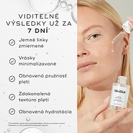 Žena si kvapkadlom nanáša na tvár sérum Liquid Peptides, pričom vľavo je zobrazený text „VIDITEĽNÉ VÝSLEDKY UŽ ZA 7 DNÍ“ spolu so zoznamom benefitov: vyhladenie jemných línií, minimalizácia vrások, obnovenie elasticity pleti, zjemnenie textúry pleti a obnova hydratácie, doplnený o poznámku pod čiarou, že tieto tvrdenia sú overené nezávislou spotrebiteľskou štúdiou.*