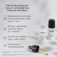 Na obrázku sú dve malé biele fľaštičky s prípravkom Oxy-R Peptides a kvapkami žltého séra. Text zdôrazňuje: „PROFESIONÁLNE ÚČINKY NA TMAVÉ SKVRNY“. Uvedené výhody sú: Zaisťuje jasnejšiu a rovnomernejšiu pleť už za 7 dní, Zmierňuje viditeľné tmavé škvrny za 1 mesiac, Účinný na všetky typy a odtiene pleti a Hydratuje a vyhladzuje pleť.