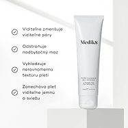 Vedľa tuby čistiaceho gélu Pore Cleanse Gel Intense je zobrazený zoznam benefitov s tvrdením, že produkt viditeľne redukuje rozšírené póry, odstraňuje nežiaducu mastnotu, vyhladzuje textúru pleti a zanecháva ju zjemnenú.