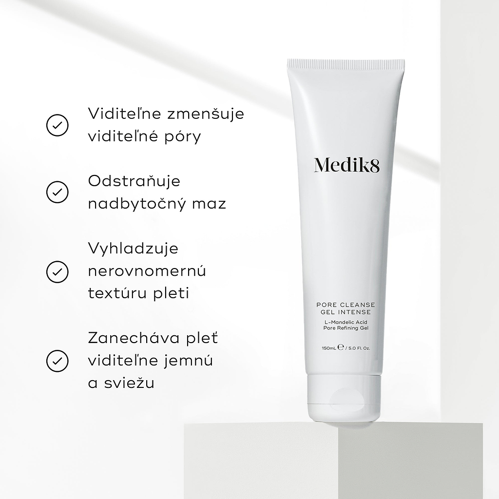 Vedľa tuby čistiaceho gélu Pore Cleanse Gel Intense je zobrazený zoznam benefitov s tvrdením, že produkt viditeľne redukuje rozšírené póry, odstraňuje nežiaducu mastnotu, vyhladzuje textúru pleti a zanecháva ju zjemnenú.