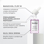 Zobrazená je fialová sklenená fľaštička séra Bakuchiol Peptides. Grafické popisky podrobne uvádzajú jeho kľúčové zložky: BAKUCHIOL (1,25 %), ROZJASŇUJÚCE PREKURZORY PEPTIDOV (BRIGHTENING PEPTIDE PRECURSORS) a OLEJ INKA OMEGA (INKA OMEGA OIL).  