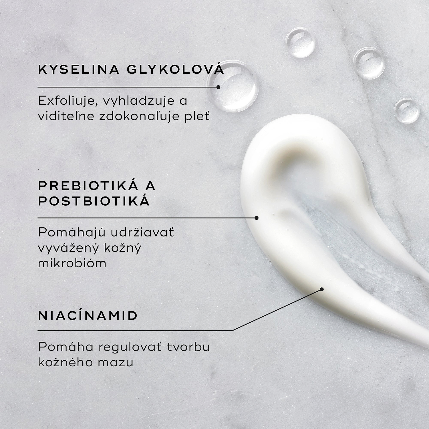 Vzorka krému The Balance Moisturiser je zobrazená na textúrovanom povrchu spolu s kvapkami Glycolic Acid Activator. Textové popisky zvýrazňujú kľúčové zložky: GLYCOLIC ACID exfoliuje, vyhladzuje a viditeľne zjemňuje pleť; PREBIOTICS & POSTBIOTICS pomáhajú udržiavať vyvážený kožný mikrobióm; a NIACINAMIDE pomáha regulovať tvorbu kožného mazu.
