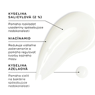Vzorka Blemish SOS je zobrazená na bielom povrchu spolu s malou kvapkou. Textové popisky zvýrazňujú kľúčové zložky: kyselina salicylová (2 %) pomáha rozkladať usadeniny spôsobujúce nedokonalosti; niacínamid znižuje viditeľné začervenanie a pomáha regulovať tvorbu kožného mazu; a kyselina azelaová pomáha cieliť baktérie spôsobujúce nedokonalosti.
