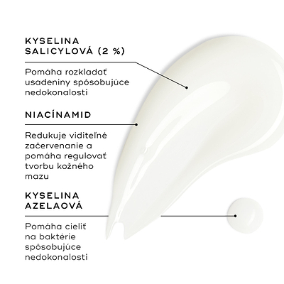 Vzorka Blemish SOS je zobrazená na bielom povrchu spolu s malou kvapkou. Textové popisky zvýrazňujú kľúčové zložky: kyselina salicylová (2 %) pomáha rozkladať usadeniny spôsobujúce nedokonalosti; niacínamid znižuje viditeľné začervenanie a pomáha regulovať tvorbu kožného mazu; a kyselina azelaová pomáha cieliť baktérie spôsobujúce nedokonalosti.
