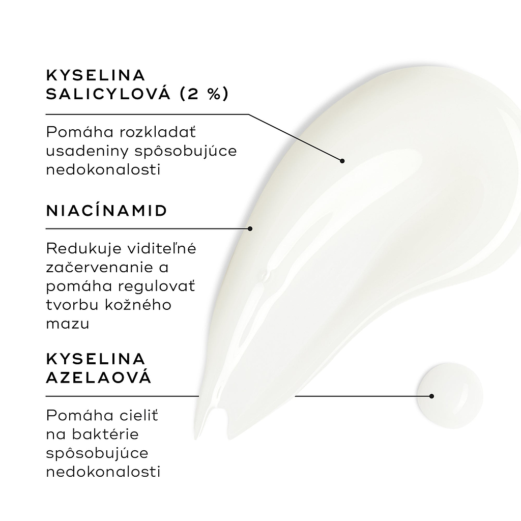 Vzorka Blemish SOS je zobrazená na bielom povrchu spolu s malou kvapkou. Textové popisky zvýrazňujú kľúčové zložky: kyselina salicylová (2 %) pomáha rozkladať usadeniny spôsobujúce nedokonalosti; niacínamid znižuje viditeľné začervenanie a pomáha regulovať tvorbu kožného mazu; a kyselina azelaová pomáha cieliť baktérie spôsobujúce nedokonalosti.
