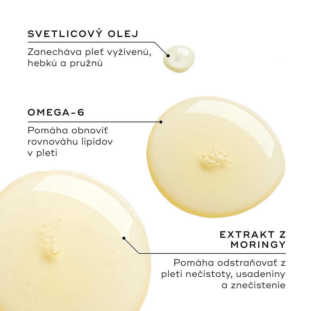 Tri kvapky oleja zobrazujú kľúčové zložky. Text zvýrazňuje svetlicový olej (Safflower Oil) pre výživu, omega-6 pre rovnováhu lipidov a extrakt z moringy na odstraňovanie nečistôt a znečistenia.

