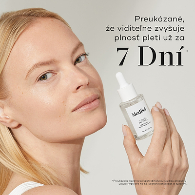 Žena drží fľaštičku séra Liquid Peptides, pričom text na pravej strane uvádza: „Preukázateľne viditeľne zvyšuje plnosť pleti už za 7 dní“, s poznámkou pod čiarou, že toto tvrdenia pochádza z nezávislej spotrebiteľskej štúdie.*
