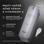 Biela pumpičková fľaštička r-Retinoate Day & Night Eye Serum je zobrazená s textovými popiskami zvýrazňujúcimi kľúčové zložky: ENCAPSULATED RETINYL RETINOATE, HESPERIDIN a CAFFEINE. V spodnej časti je poznámka pod čiarou s citáciou k tvrdeniu o účinku retinolu.
