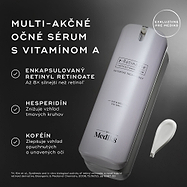 Biela pumpičková fľaštička r-Retinoate Day & Night Eye Serum je zobrazená s textovými popiskami zvýrazňujúcimi kľúčové zložky: ENCAPSULATED RETINYL RETINOATE, HESPERIDIN a CAFFEINE. V spodnej časti je poznámka pod čiarou s citáciou k tvrdeniu o účinku retinolu.
