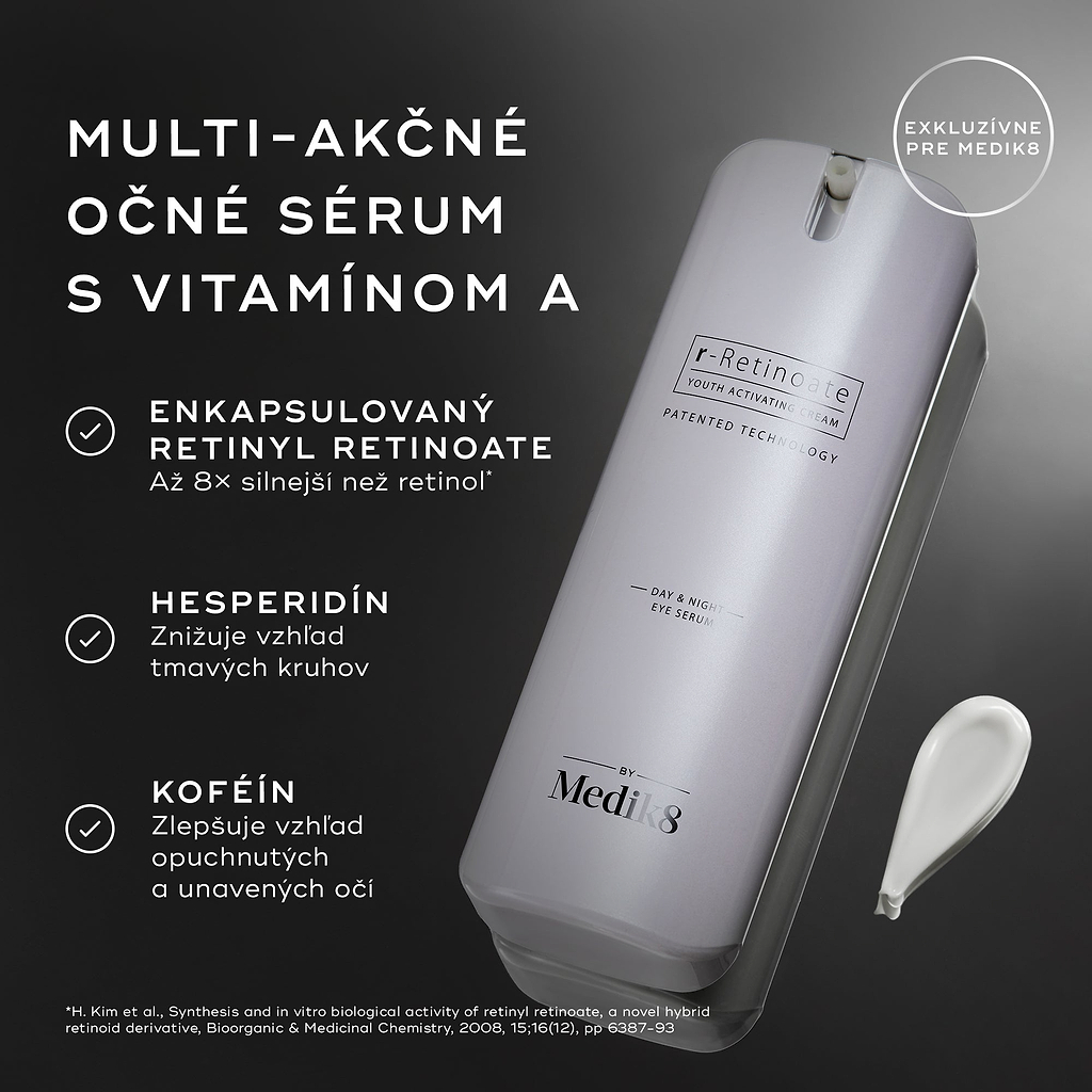Biela pumpičková fľaštička r-Retinoate Day & Night Eye Serum je zobrazená s textovými popiskami zvýrazňujúcimi kľúčové zložky: ENCAPSULATED RETINYL RETINOATE, HESPERIDIN a CAFFEINE. V spodnej časti je poznámka pod čiarou s citáciou k tvrdeniu o účinku retinolu.
