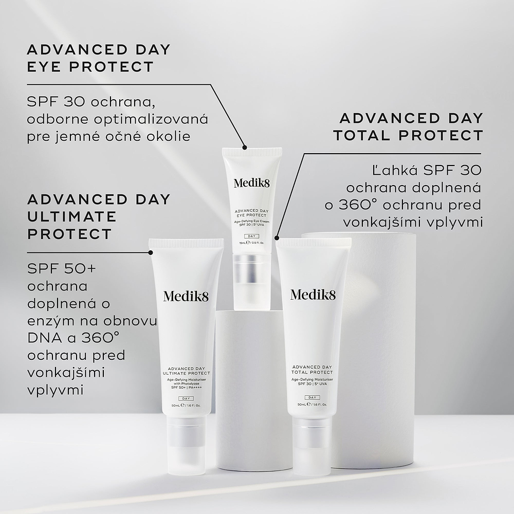 Tuby Medik8 Advanced Day Eye Protect, Advanced Day Ultimate Protect a Advanced Day Total Protect sú zobrazené na bielych valcovitých podstavcoch na sivom pozadí. Text pri Advanced Day Eye Protect uvádza ochranu SPF 30 optimalizovanú pre jemné očné okolie. Text pri Advanced Day Ultimate Protect zdôrazňuje ochranu SPF 50+, enzým na opravu DNA a 360° ochranu pred environmentálnymi vplyvmi. Text pri Advanced Day Total Protect popisuje ľahkú ochranu SPF 30 s 360° environmentálnym štítom.
