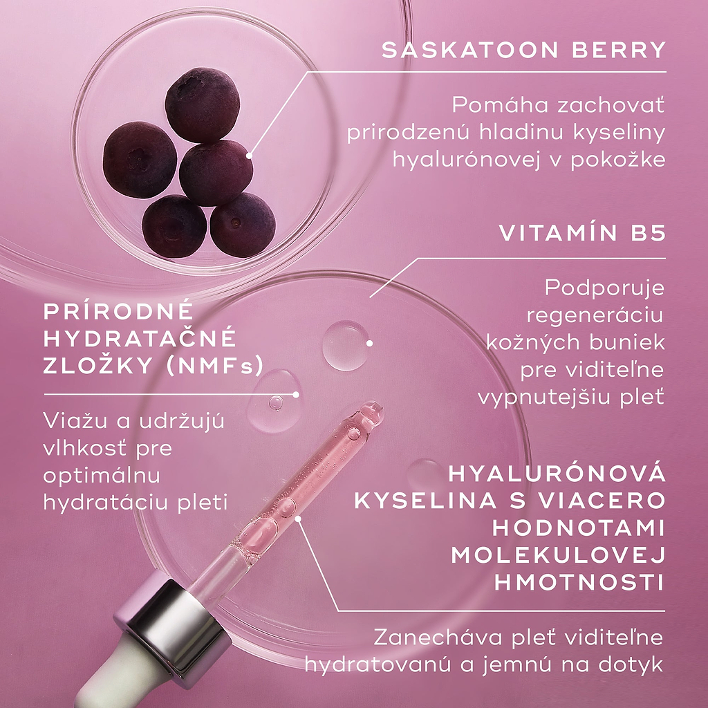 Záber na hlavné zložky prípravku Medik8 Hydr8 B5 Intense na fialovom pozadí s Petriho miskami a kvapkadlom. Text uvádza, že bobule saskatoon pomáhajú udržiavať prirodzenú hladinu kyseliny hyalurónovej, vitamín B5 podporuje regeneráciu kožných buniek, prírodné hydratačné faktory (NMF) viažu a udržujú vlhkosť a kyselina hyalurónová s rôznou molekulovou hmotnosťou zanecháva pleť viditeľne hydratovanú a pružnú.