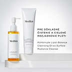 Fľaštička Lipid-Balance Cleansing Oil stojí vedľa tuby Surface Radiance Cleanse. Text odporúča kombinovať oba produkty pre dôkladné čistenie pleti a následné cielené rozjasňujúce účinky.
