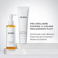 Fľaštička Lipid-Balance Cleansing Oil stojí vedľa tuby Surface Radiance Cleanse. Text odporúča kombinovať oba produkty pre dôkladné čistenie pleti a následné cielené rozjasňujúce účinky.
