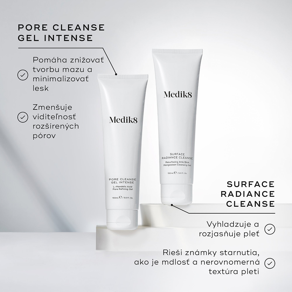 Tuba čistiaceho gélu Pore Cleanse Gel Intense stojí vedľa tuby čistiaceho produktu Surface Radiance Cleanse, pričom sprievodný text vyzdvihuje gél pre jeho schopnosť minimalizovať lesk a póry, zatiaľ čo druhý čistiaci produkt pleť vyhladzuje a bojuje proti známkam starnutia.