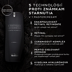 Fľaštička krému Medik8 r-Retinoate Intense je zobrazená na tmavom, jemne rozostrenom pozadí. Text zvýrazňuje 5 technológií proti starnutiu: enkapsulovaný retinyl retinoát, retinal, komplex ceramidov, cielený peptid (drone-targeted peptide) a kyselina hyalurónová.
