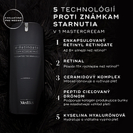 Fľaštička krému Medik8 r-Retinoate Intense je zobrazená na tmavom, jemne rozostrenom pozadí. Text zvýrazňuje 5 technológií proti starnutiu: enkapsulovaný retinyl retinoát, retinal, komplex ceramidov, cielený peptid (drone-targeted peptide) a kyselina hyalurónová.
