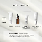 Štyri produkty Medik8 sú usporiadané pre rannú rutinu starostlivosti o pleť na svetlosivom pozadí. Jednotlivé kroky zahŕňajú Surface Radiance Cleanse, C-Tetra Luxe (vitamín C), Advanced Day Eye Protect (ochrana očného okolia so SPF) a Advanced Day Total Protect (ochrana tváre so SPF). Odborné odporúčanie uvádza, že pri priamom slnečnom žiarení je potrebné aplikáciu opakovať každé 2 hodiny.