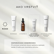 Štyri produkty Medik8 sú usporiadané pre rannú rutinu starostlivosti o pleť na svetlosivom pozadí. Jednotlivé kroky zahŕňajú Surface Radiance Cleanse, C-Tetra Luxe (vitamín C), Advanced Day Eye Protect (ochrana očného okolia so SPF) a Advanced Day Total Protect (ochrana tváre so SPF). Odborné odporúčanie uvádza, že pri priamom slnečnom žiarení je potrebné aplikáciu opakovať každé 2 hodiny.