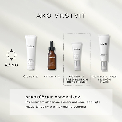 Štyri produkty Medik8 sú usporiadané pre rannú rutinu starostlivosti o pleť na svetlosivom pozadí. Jednotlivé kroky zahŕňajú Surface Radiance Cleanse, C-Tetra Luxe (vitamín C), Advanced Day Eye Protect (ochrana očného okolia so SPF) a Advanced Day Total Protect (ochrana tváre so SPF). Odborné odporúčanie uvádza, že pri priamom slnečnom žiarení je potrebné aplikáciu opakovať každé 2 hodiny.