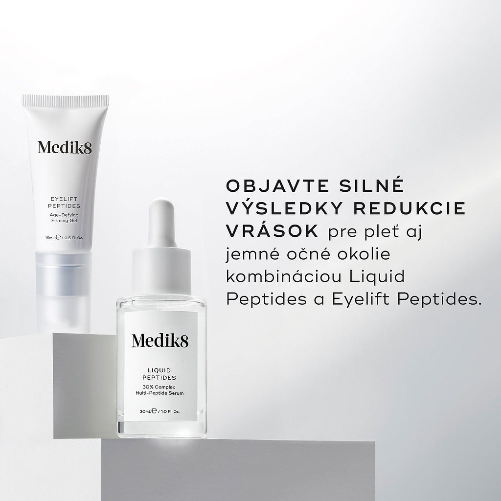Priehľadná sklenená fľaštička séra Liquid Peptides je zobrazená spolu s tubou očného krému Eyelift Peptides, pričom sprievodný text uvádza: „OBJAVTE SILNÉ VÝSLEDKY V REDUKCII VRÁSOK pre tvár aj jemné očné okolie spojením Liquid Peptides s Eyelift Peptides.“