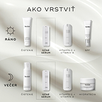 Diagram „How to layer“ pre rutinu starostlivosti o pleť. Ranná rutina (AM): čistenie pleti (Surface Radiance Cleanse), očné sérum (r-Retinoate Day & Night Eye Serum), vitamín C + vitamín A (r-Retinoate Youth Activating Cream) a opaľovací krém (Advanced Day Total Protect). Večerná rutina (PM): čistenie (Micellar Mousse), očné sérum (r-Retinoate Day & Night Eye Serum), vitamín C + vitamín A (r-Retinoate Youth Activating Cream) a hydratačný krém (Advanced Night Restore).