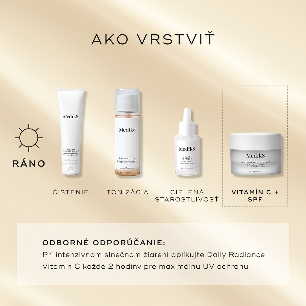 How to Layer“ AM sprievodca zobrazuje Medik8 Daily Radiance Vitamin C ako finálny krok „vitamín C + SPF“. Ranná rutina začína Surface Radiance Cleanse (čistenie), pokračuje Press & Glow (tonizácia) a Liquid Peptides (cieľová starostlivosť). Odborné odporúčanie uvádza, že pri silnom slnečnom žiarení je potrebné opätovné nanesenie každé 2 hodiny pre maximálnu UV ochranu.
