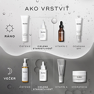 Diagram s názvom „Ako vrstviť“ (HOW TO LAYER) znázorňuje kroky starostlivosti o pleť, kde ranná (AM) rutina zahŕňa čistenie s produktom Surface Radiance Cleanse, cielenú starostlivosť so sérom Liquid Peptides, vitamín C v podobe C-Tetra a opaľovací krém Advanced Day Total Protect, zatiaľ čo večerná (PM) rutina pozostáva z čistenia s olejom Lipid-Balance Cleansing Oil, cielenej starostlivosti s Liquid Peptides, vitamínu A v podobe Crystal Retinal a hydratácie s krémom Advanced Night Restore.