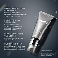 Infografika s názvom „THE 4 Ps“ na tmavom, žiariacom pozadí zobrazuje tubu Medik8 Crystal Retinal 6 s prerušovanou líniou obklopujúcou produkt. Text uvádza štyri kľúčové piliere: „Unrivalled Potency“ pre silu podobnú predpisovým produktom, „Patented Stability“ pre maximálnu účinnosť, „Professional Grade Results“ pre klinicky preukázané zníženie vrások už za 7 dní a „Progressive Strengths“ pre postupné budovanie tolerancie pleti.
