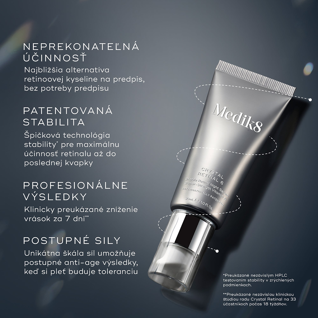 Infografika s názvom „THE 4 Ps“ na tmavom, žiariacom pozadí zobrazuje tubu Medik8 Crystal Retinal 6 s prerušovanou líniou obklopujúcou produkt. Text uvádza štyri kľúčové piliere: „Unrivalled Potency“ pre silu podobnú predpisovým produktom, „Patented Stability“ pre maximálnu účinnosť, „Professional Grade Results“ pre klinicky preukázané zníženie vrások už za 7 dní a „Progressive Strengths“ pre postupné budovanie tolerancie pleti.
