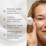 Vedľa modelky, ktorá drží kelímok Medik8 Advanced Night Eye Cream, sa zobrazuje zoznam benefitov. Text uvádza, že krém premieňa unavené oči, vyhladzuje jemné linky, rozjasňuje a hĺbkovo vyživuje jemné očné okolie.