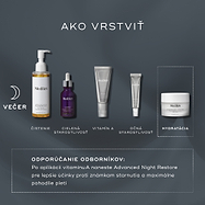 Infografika s názvom „Ako vrstviť“ (How To Layer) na tmavom pozadí znázorňuje večernú (PM) rutinu starostlivosti o pleť. Zobrazuje produkty Medik8 na čistenie, cielenú starostlivosť, vitamín A, očné okolie a hydratáciu s krémom Advanced Night Restore, vrátane odborných rád o poradí aplikácie.