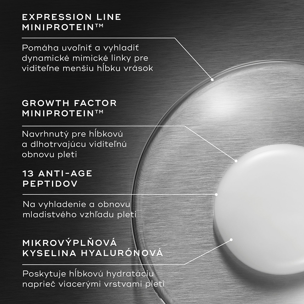 Detailný záber na textúru séra Liquid Peptides Advanced MP s textovými popiskami, ktoré podrobne popisujú jeho kľúčové zložky: EXPRESSION LINE MINIPROTEIN™, GROWTH FACTOR MINIPROTEIN, 13 AGE-DEFYING PEPTIDES a MICRO-FILLER HYALURONIC ACID.