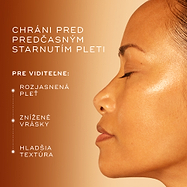Záber na tvár ženy s žiarivou pleťou s jednotným odtieňom, doplnený textom, ktorý zdôrazňuje, ako prípravok C-Tetra Advanced chráni pred predčasným starnutím tým, že zlepšuje jas pleti, zmierňuje vrásky a zlepšuje jej štruktúru.