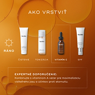 Príručka Medik8 s názvom  HOW TO LAYER  na teplom oranžovom pozadí s grafickými prvkami pripomínajúcimi bubliny. Ikona slnka označuje rannú rutinu pozostávajúcu zo štyroch krokov, pričom tretí krok je zvýraznený bielym prerušovaným rámčekom. Predstavované produkty a kroky sú:

ČISTENIE: Tuba Medik8 Surface Radiance Cleanse.

TONIZÁCIA: fľaša Medik8 Press & Glow.

VITAMÍN C: fľaša séra Medik8 C-Tetra Luxe.

OPALOVACÍ KRÉM: tuba Medik8 Advanced Day Ultimate Protect.

V prerušovanom rámčeku v spodnej časti sa