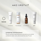 Príručka „Ako vrstviť produkty“, v ktorej je čistiaci prípravok Medik8 Surface Radiance Cleanse uvedený ako prvý krok v rannej rutine. V rámci rannej rutiny nasledujú produkty Press & Glow (tonizácia), C-Tetra Luxe (vitamín C) a Advanced Day Ultimate Protect (ochrana proti slnku).