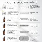 Porovnávacia tabuľka s názvom „NAJDI SI SVOJ VITAMÍN C“, v ktorej je uvedených šesť produktov značky Medik8. Obsahuje názvy jednotlivých produktov, obsah vitamínu C v percentách a informácie o ideálnom používateľovi – od krému C-Tetra Cream (3 % vitamínu C) pre začiatočníkov až po prípravok Super C Ferulic (30 % etylovanej kyseliny L-askorbovej) pre skúsených používateľov.