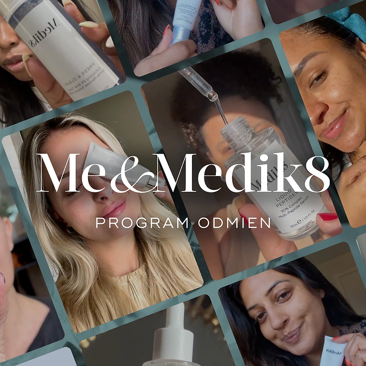 Propagačná grafika s pozadím tvoreným ostrými, štýlizovanými kryštálovými štruktúrami v tmavomodrozelenom odtieni. V strede je biely nápis „Me & Medik8“ veľkým písmom so serifmi, pod ním je čistý bezserifový podnadpis „REWARDS PROGRAMME“.