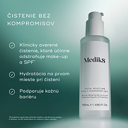 Fľaštička prípravku Medik8 Total Moisture Daily Cleansing Gel s textovým panelom načrtávajúcim kľúčové benefity, vrátane účinného odstránenia make-upu a opaľovacieho krému, čistenia s dôrazom na hydratáciu a podpory kožnej bariéry.