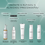 Prehľad piatich čistiacich produktov Medik8 na svetlozelenom pozadí vrátane Lipid Balance Cleansing Oil, Total Moisture Daily Cleansing Gel, Surface Radiance Cleanse, Micellar Mousse a Clarifying Foam so slovenskými popismi ich účinkov.
