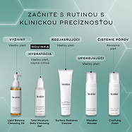 Prehľad piatich čistiacich produktov Medik8 na svetlozelenom pozadí vrátane Lipid Balance Cleansing Oil, Total Moisture Daily Cleansing Gel, Surface Radiance Cleanse, Micellar Mousse a Clarifying Foam so slovenskými popismi ich účinkov.