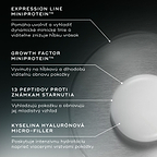 Popis zložiek: Expression Line Miniprotein pomáha uvoľniť a vyhladiť dynamické mimické línie a viditeľne znižuje hĺbku vrások, Growth Factor Miniprotein podporuje hĺbkovú a dlhodobú obnovu pokožky, 13 peptidov vyhladzuje pokožku a obnovuje jej mladistvý vzhľad a kyselina hyalurónová Micro-Filler poskytuje intenzívnu hydratáciu naprieč viacerými vrstvami pokožky.