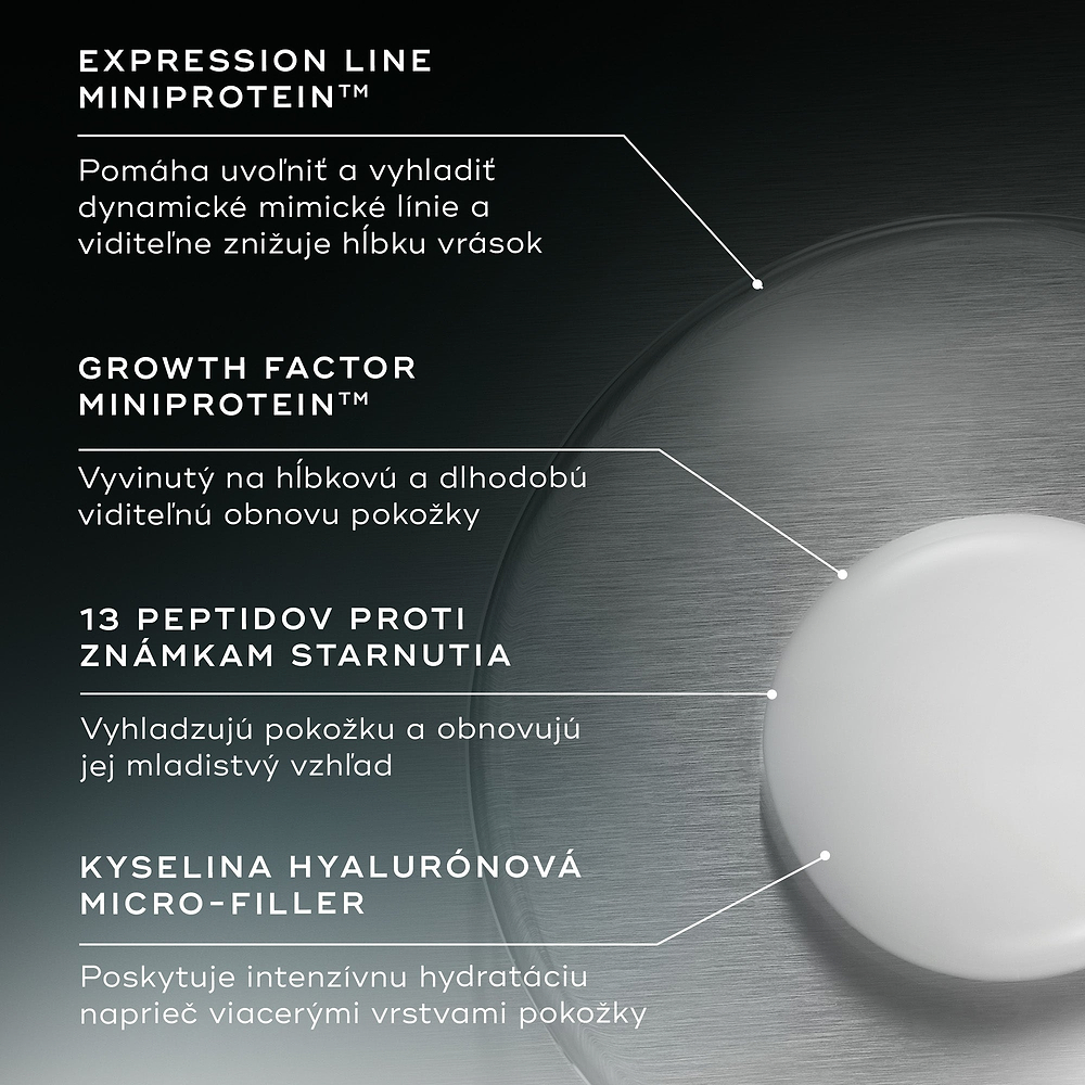 Popis zložiek: Expression Line Miniprotein pomáha uvoľniť a vyhladiť dynamické mimické línie a viditeľne znižuje hĺbku vrások, Growth Factor Miniprotein podporuje hĺbkovú a dlhodobú obnovu pokožky, 13 peptidov vyhladzuje pokožku a obnovuje jej mladistvý vzhľad a kyselina hyalurónová Micro-Filler poskytuje intenzívnu hydratáciu naprieč viacerými vrstvami pokožky.