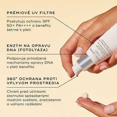 Infografika zobrazujúca ruky nanášajúce krém Medik8 Advanced Day Ultimate Protect a zdôrazňujúca kľúčové zložky a technológie: pokročilé UV filtre, enzým opravujúci DNA (fotolyáza) a 360° Environmental Shield.