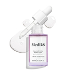 A purple glass dropper bottle of Bakuchiol Peptides serum, with its dropper removed. A swirl of the serum is shown, emphasising the product's texture.