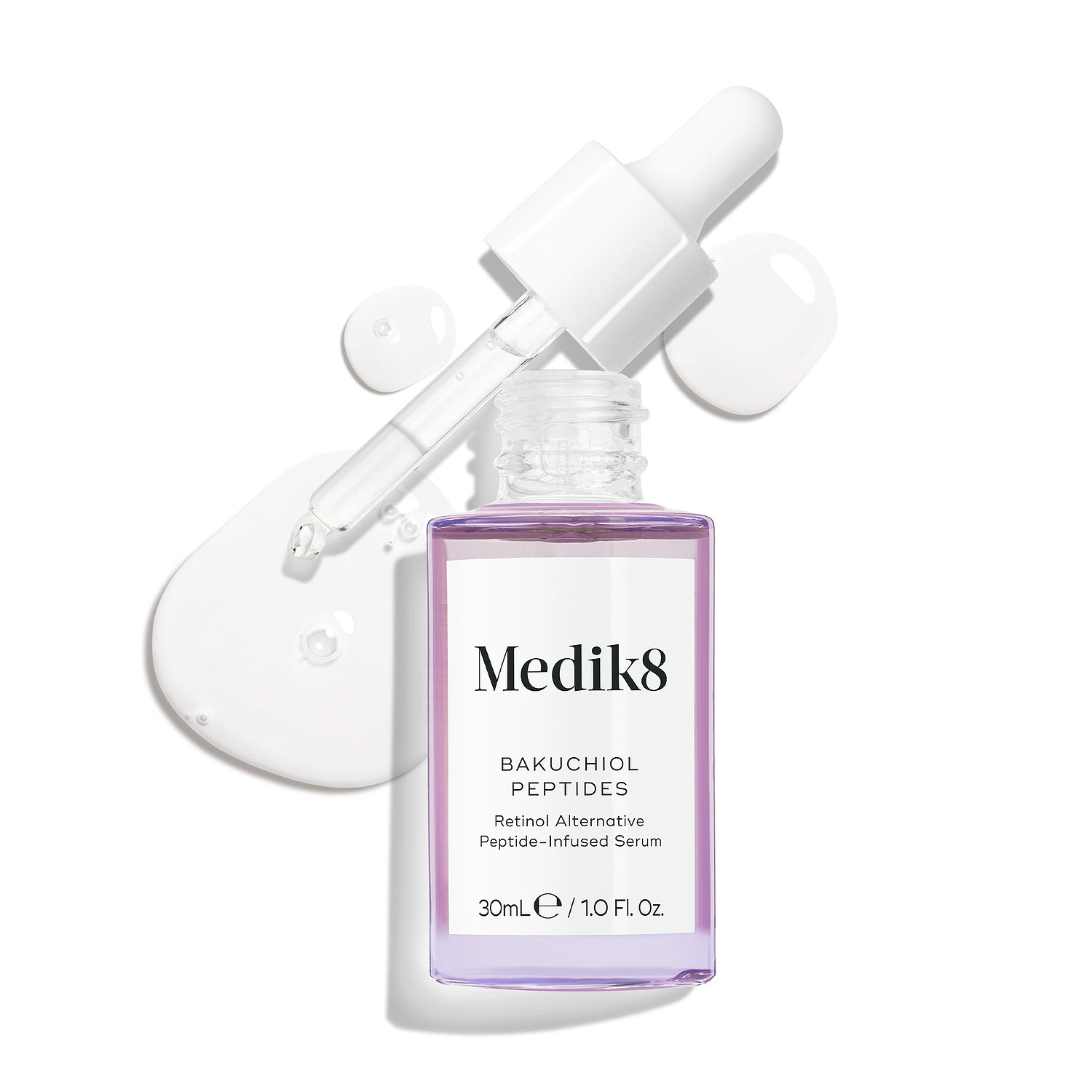 A purple glass dropper bottle of Bakuchiol Peptides serum, with its dropper removed. A swirl of the serum is shown, emphasising the product's texture.